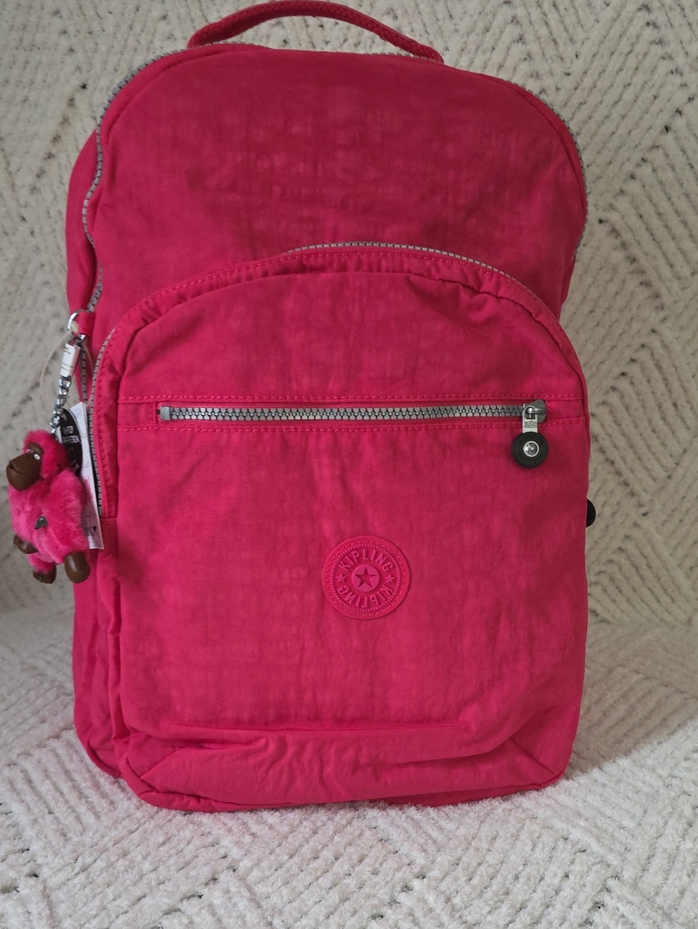 Kipling Raspberry Pink Nylon Backpack with Monkey Charm